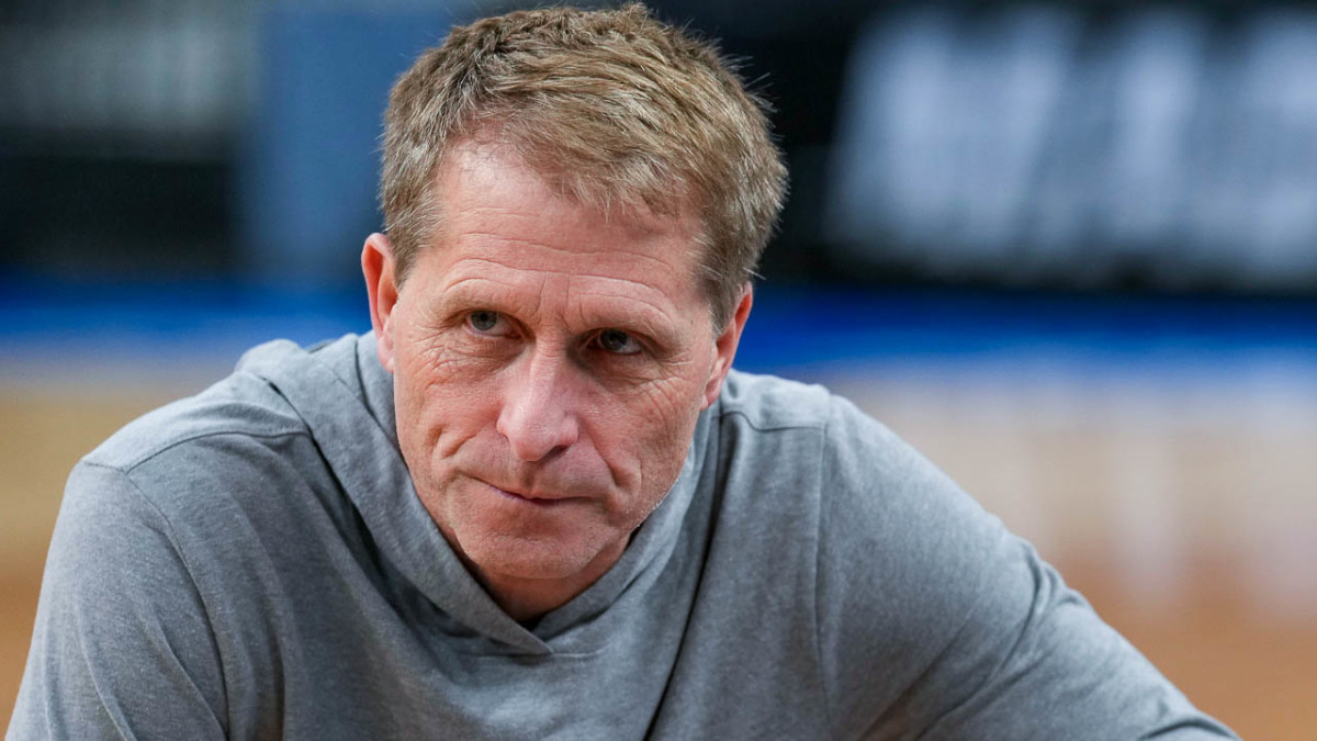 Razorbacks coach Eric Musselman on the court at Las Vegas in Wednesday's practice for Sweet 16.
